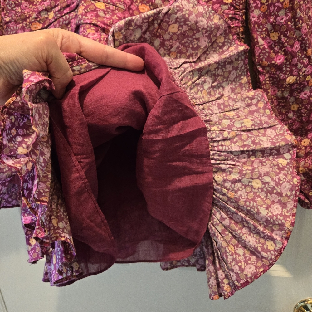 LoveShackFancy Mini Dress 4 Floral Red Pink Ruffled Tiered Long Sleeve Ruched - Picture 9 of 10